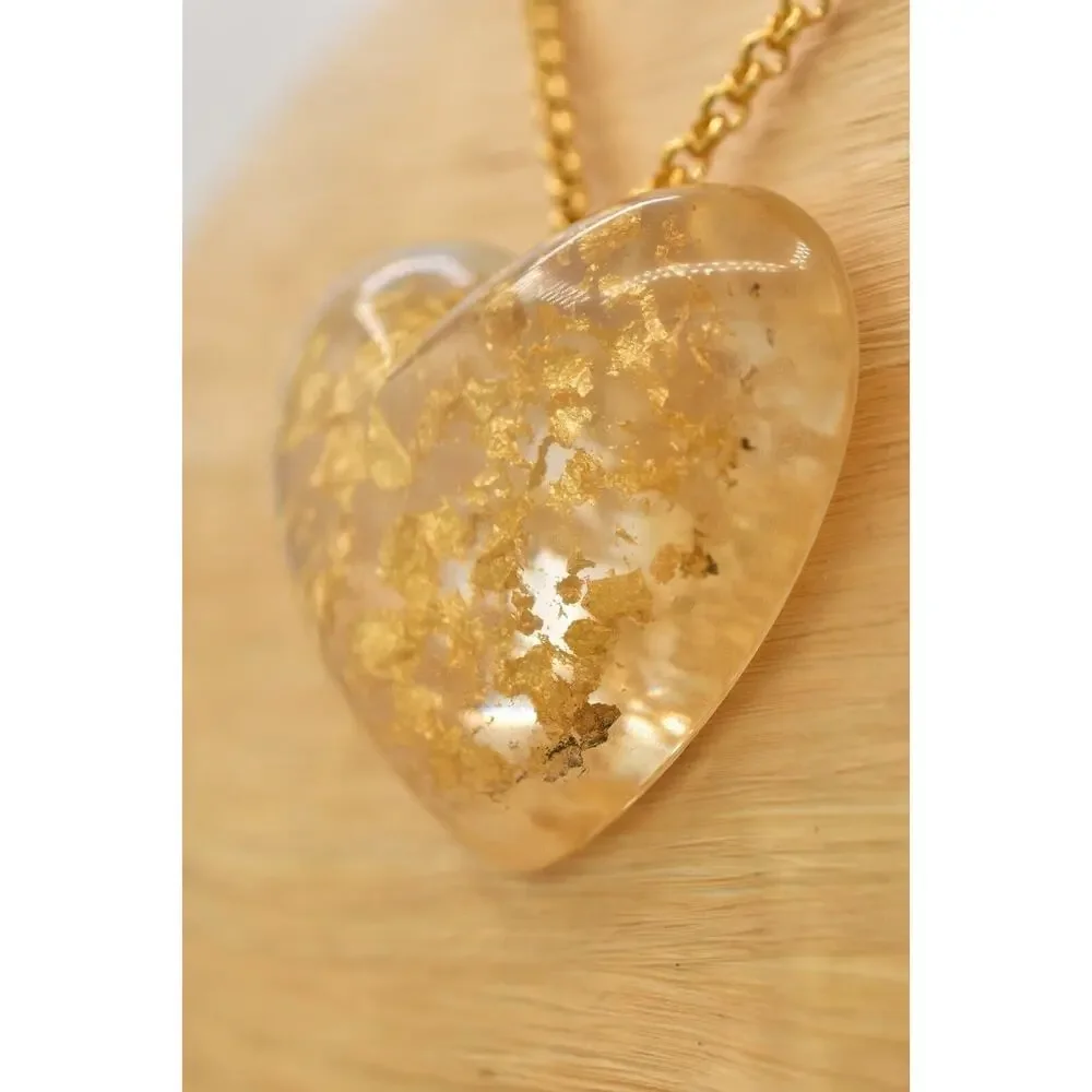 Vintage Heart Pendant Necklace Gold Foil Lucite Resin Designer Signed BinBJ
